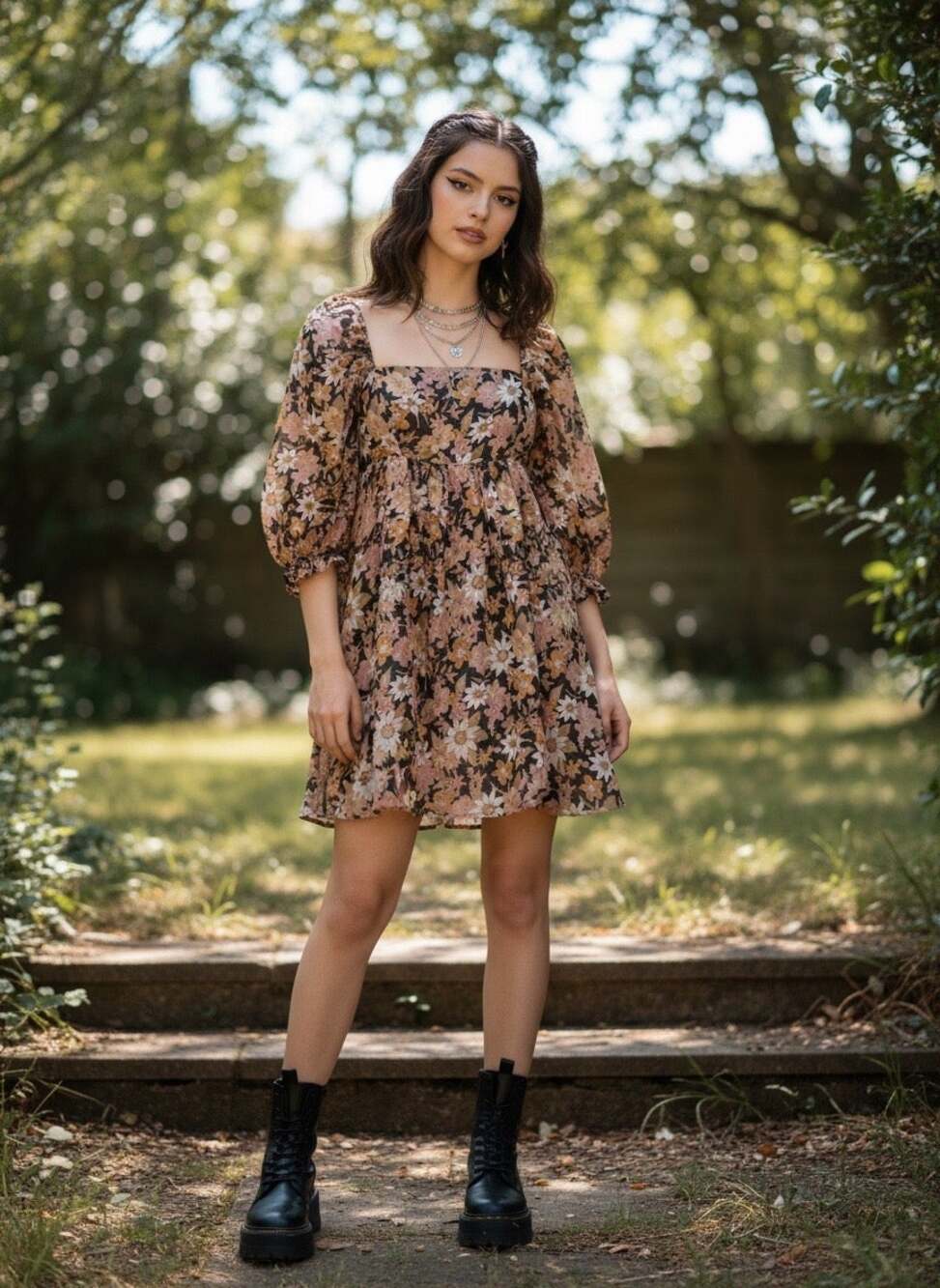 Storia Floral Puff Sleeve Babydoll Mini Dress — Size Medium